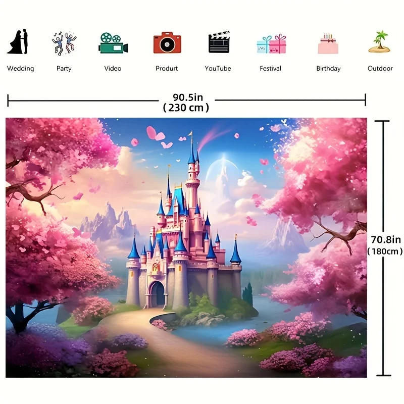 Castle background polyester fabric pink cherry blossom forest rainbow flower fantasy fairy tale foot photography background