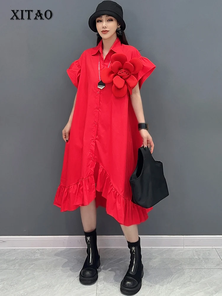 

XITAO Irregular Three-dimensional Decoration Floral Short Sleeve Dress Single Breasted Solid Color Fashion Women Dress DMJ4076