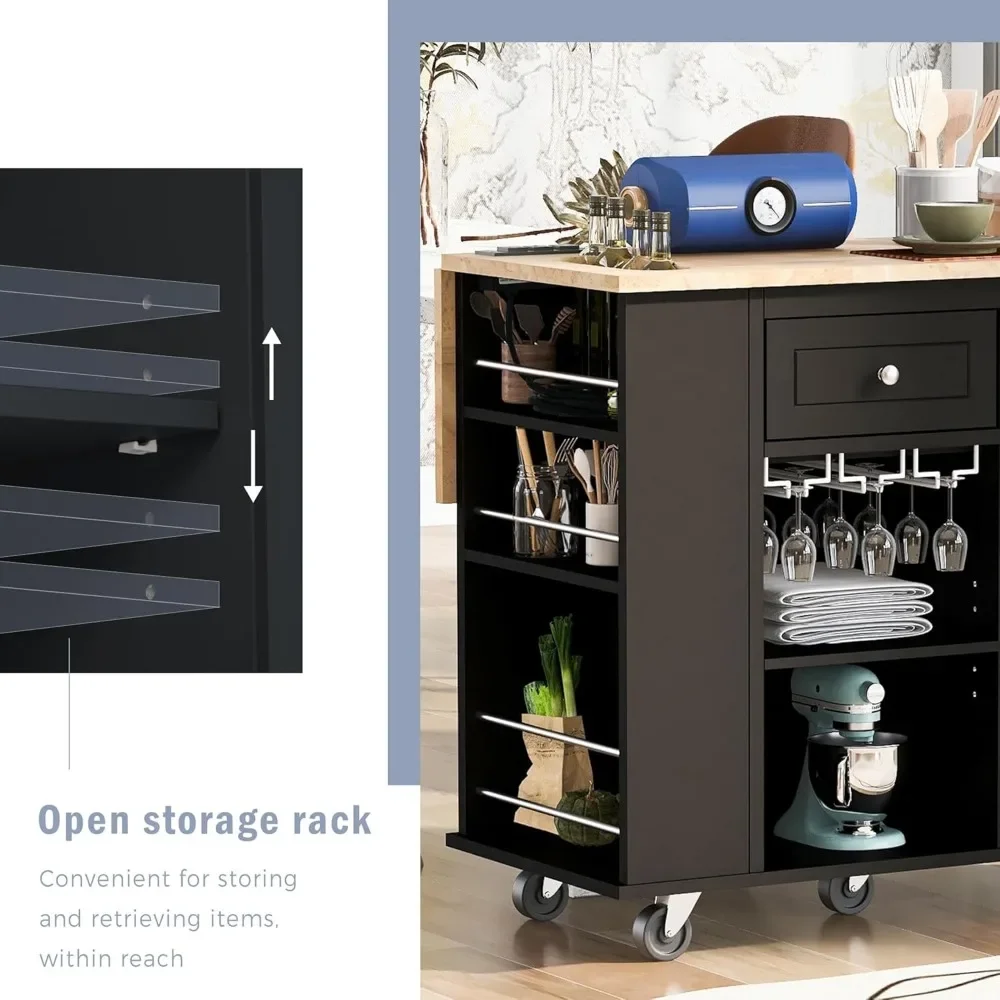 Kitchen Island, Kitchen Carts on Wheels with Storage Drop Leaf Power Outlet Drawer Cabinet Counter Rubberwood Top image 6
