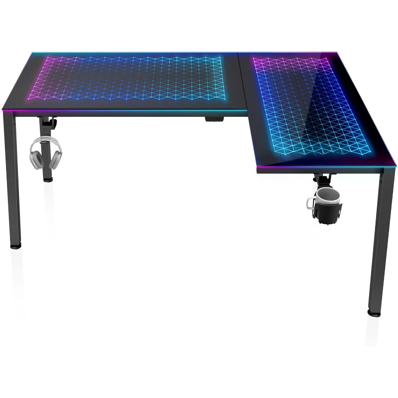 

RGB LED Lights 60 Inch L Shaped Reversible Black Glass Gaming Desk Home Office Computer Table GTG L60,NEW