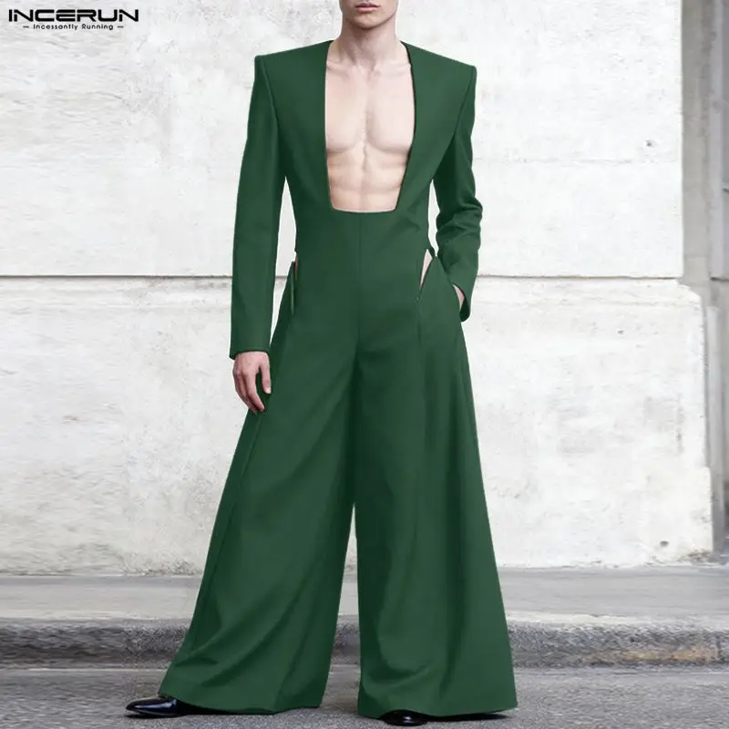 INCERUN Men Jumpsuits Solid Deep Square Neck Long Sleeve Male Rompers Streetwear Loose Hollow Out Zipper Fashion Men Overalls