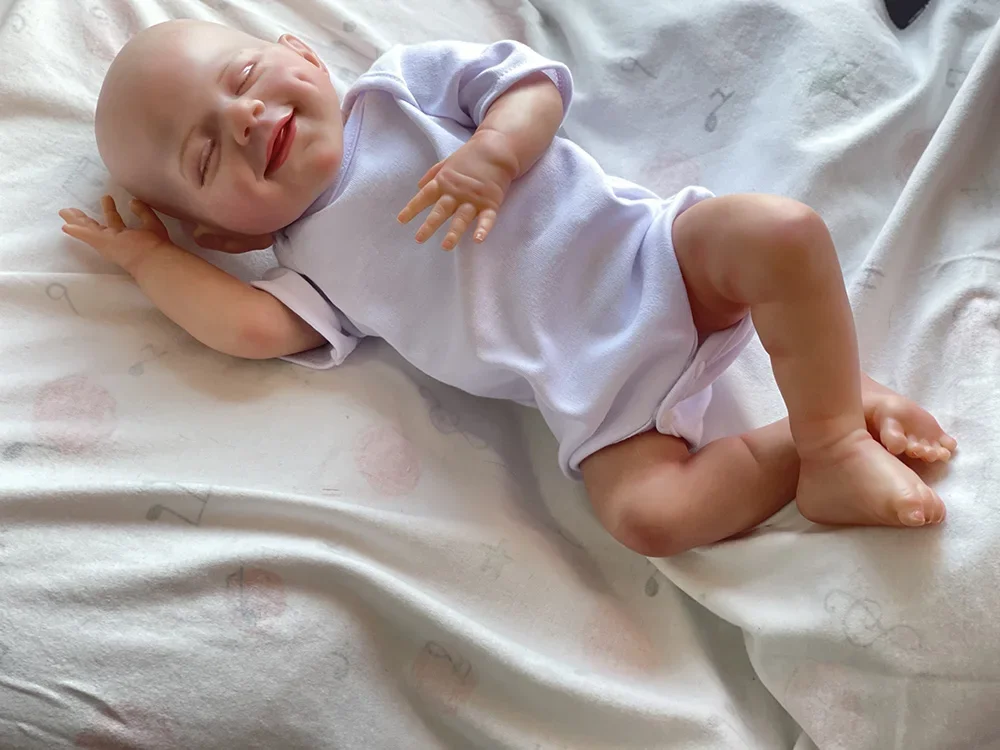 

19inch Full Body Vinyl Reborn Dolls April Smiling Face Newborn Sleeping Baby Boy 3D Skin Tone with Visible Veins Waterproof