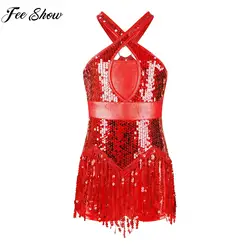 4-16Y Girls Sleeveless Sequins Tassel Latin Dance Leotard Jazz Cha-Cha Rumba Samba Tango Performance Bodysuit Dress Dancewear
