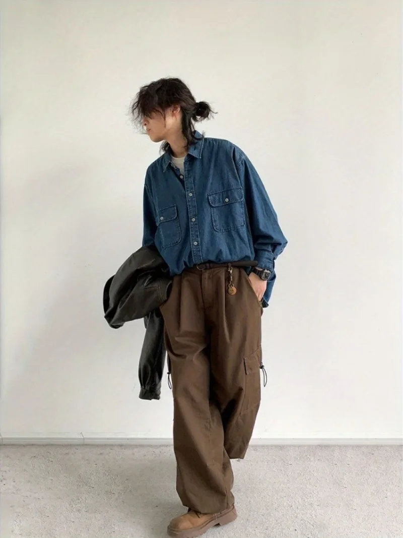 

Japanese Retro Minimalist Denim Shirt Unisex Men Youthful Vibe Spring Autumn 2 Piece Set