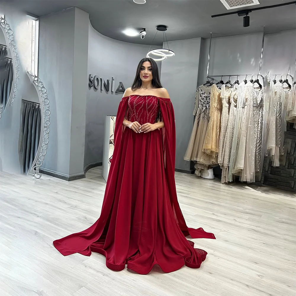

Red Evening Dress for Woman 2025 Off The Shoulder A Line Evening Gown Pleated Sequin Elegant Formal Dresses Customized