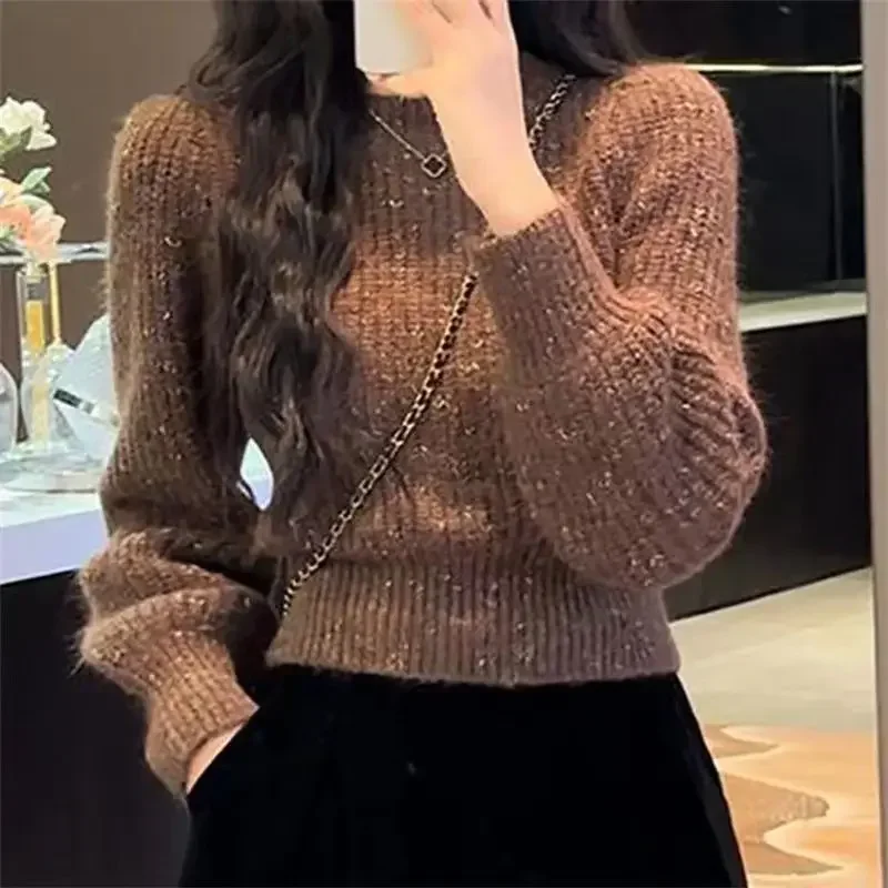 Oversized Sweater Women Fancy Yarn Knitted Pullover Autumn O-neck Slim Waist Wool Sweater Stylish Versatile Short Knitwears