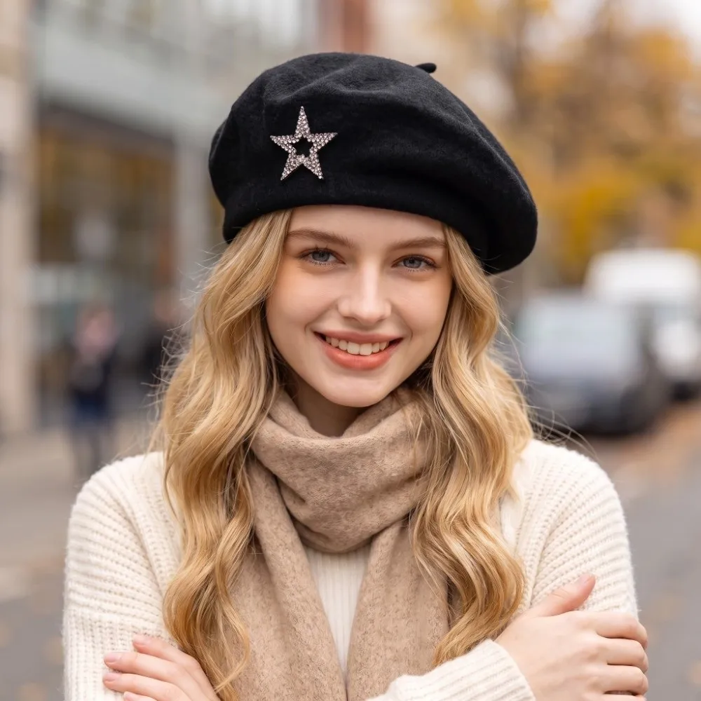Streetwear Five-Pointed Star Wool Beret Soft Warm Knitted Painter Hat Rhinestone Decor Solid Color Beanie Cap Travel