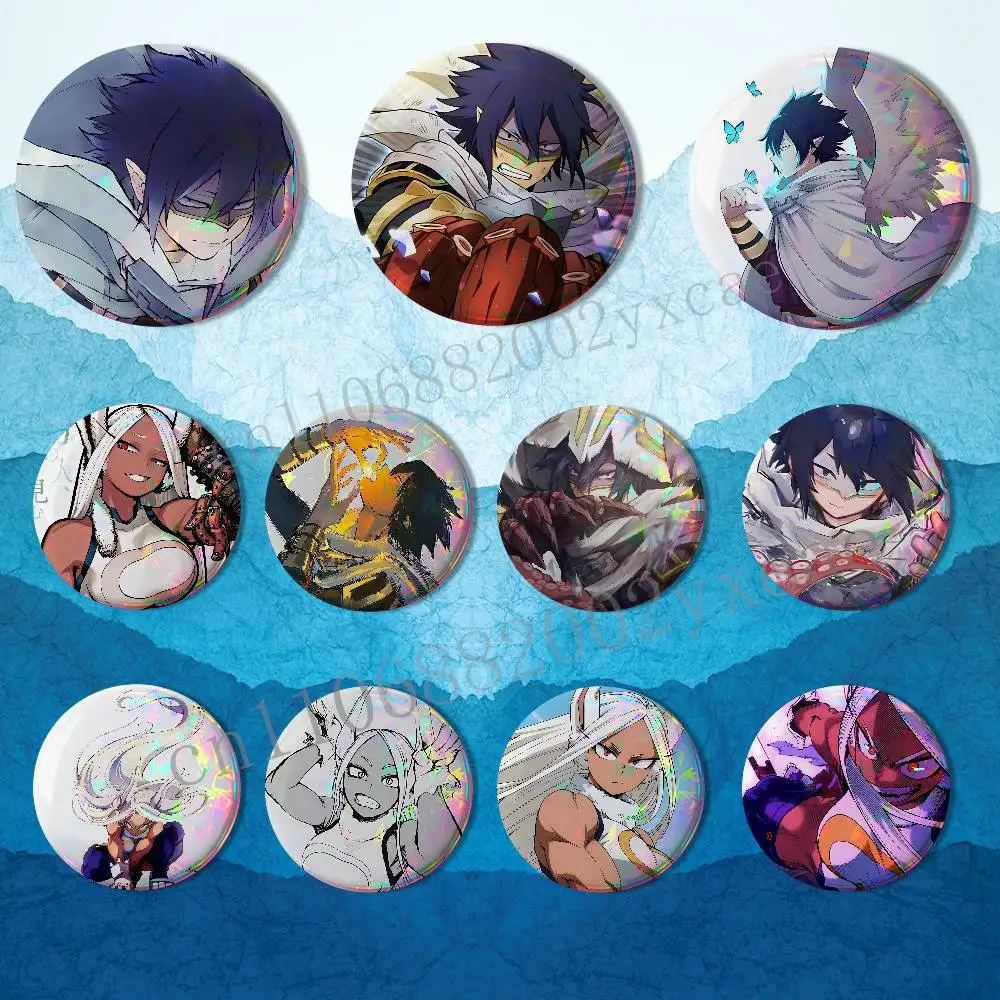 Tamaki Amajiki Mirko Shoto Reflective Pin Tinplate Round Brooch Cartoon Cosplay Badges for Bag Hat Toys Gifts