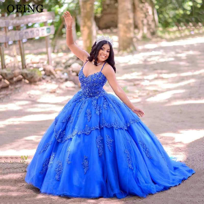 OEING Royal Blue Shiny V-Neck Quinceanera Dress Pretty Off the Shoulder Lace Appliques Beaded Ball Gown Sweet 16 Vestidos De 15