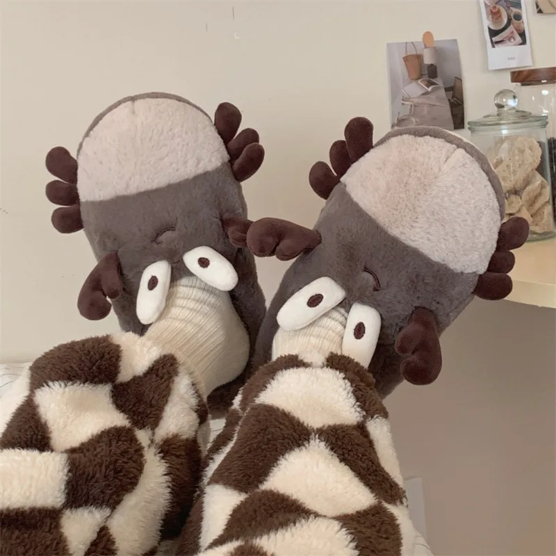 Fun cartoon crab autumn and winter warm home cotton slippers ladies creative personality new plush soft bottom moon shoes