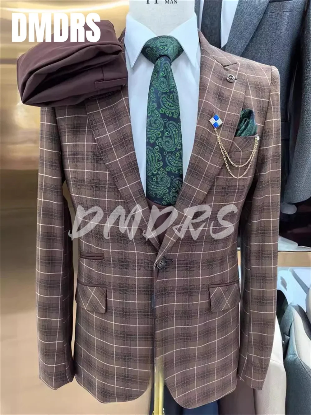 

Elegant Men's Suit Fashionable Plaid Suit Jacket High Quality Men Suit 3 PCS Set For Men's Wedding Suit Dress vestidos de novia