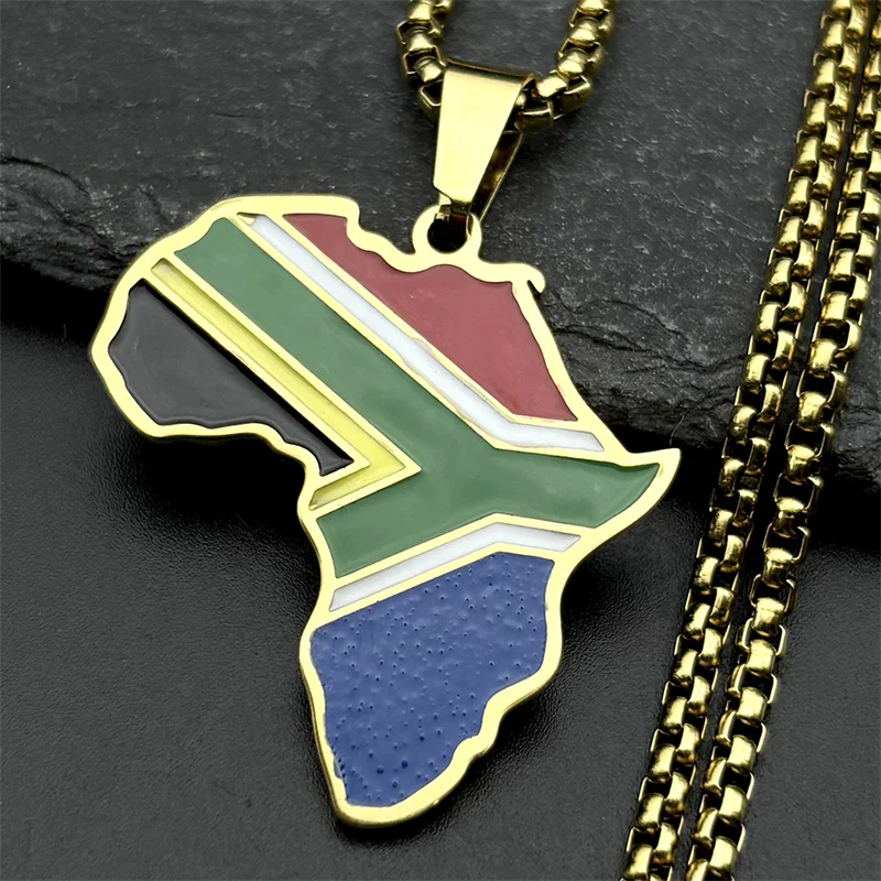 أفريقيا جنوب أفريقيا خريطة العلم قلادة قلادة للنساء الرجال الفولاذ المقاوم للصدأ الملونة المينا الذهب اللون العرقية سلسلة مجوهرات #3