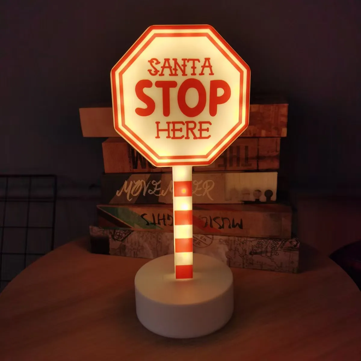 Christmas North Pole Sign LED Table Lamp, Santa Stop Here Vintage Road Sign Shaped Night Light, Glow Lamp for Home Holiday Decor