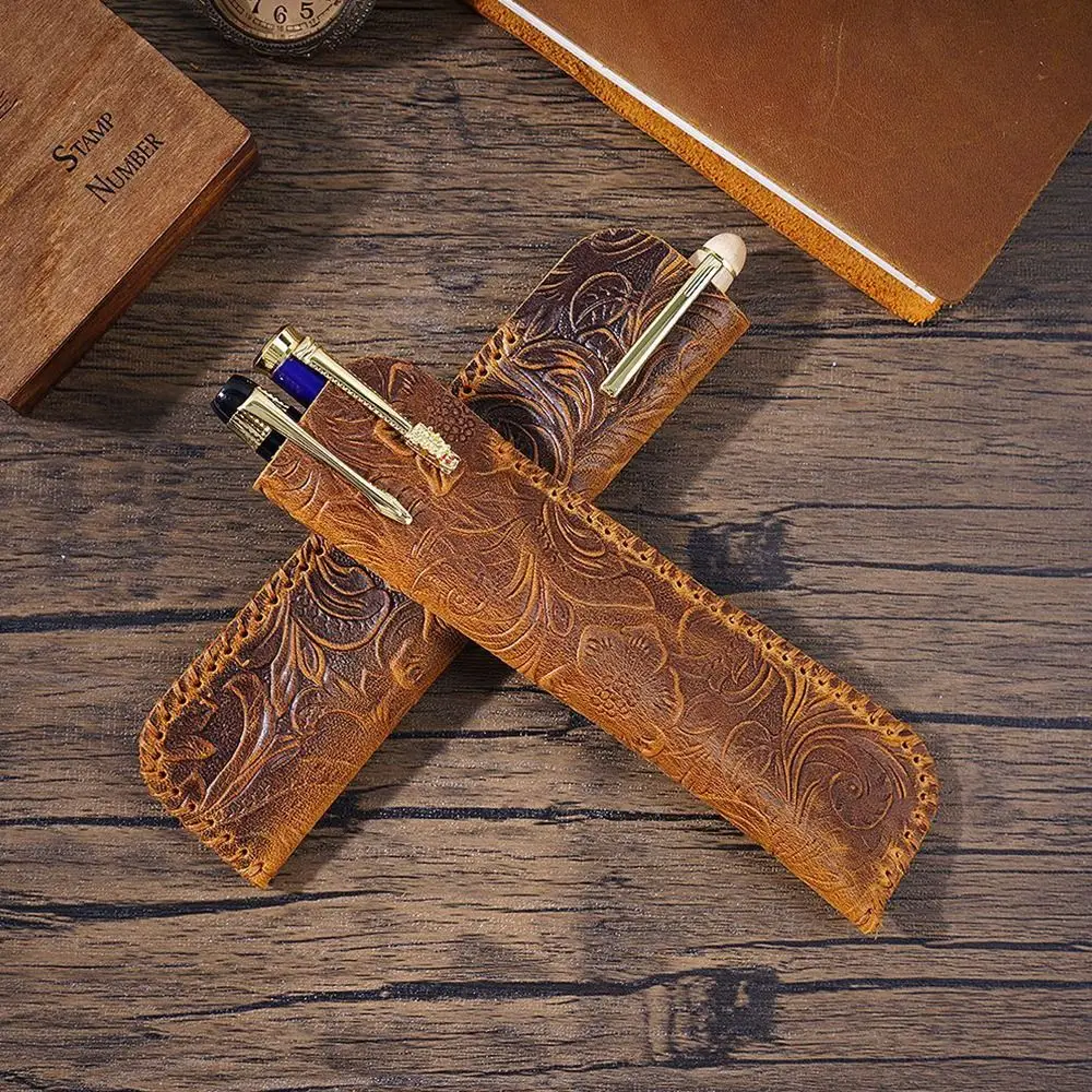 Genuine Leather Creative Brown Embossing Flower Pen Bag Storage Bag Pencil Pouch Gift Protection Case
