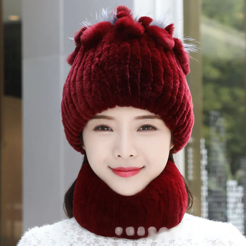 Women\'s Fur Hat Fur Cap Mask Set Hooded for Women Knitted  Neck Warm Balaclava Ski Windproof Hat Thick Plush Fluffy Beanies hood