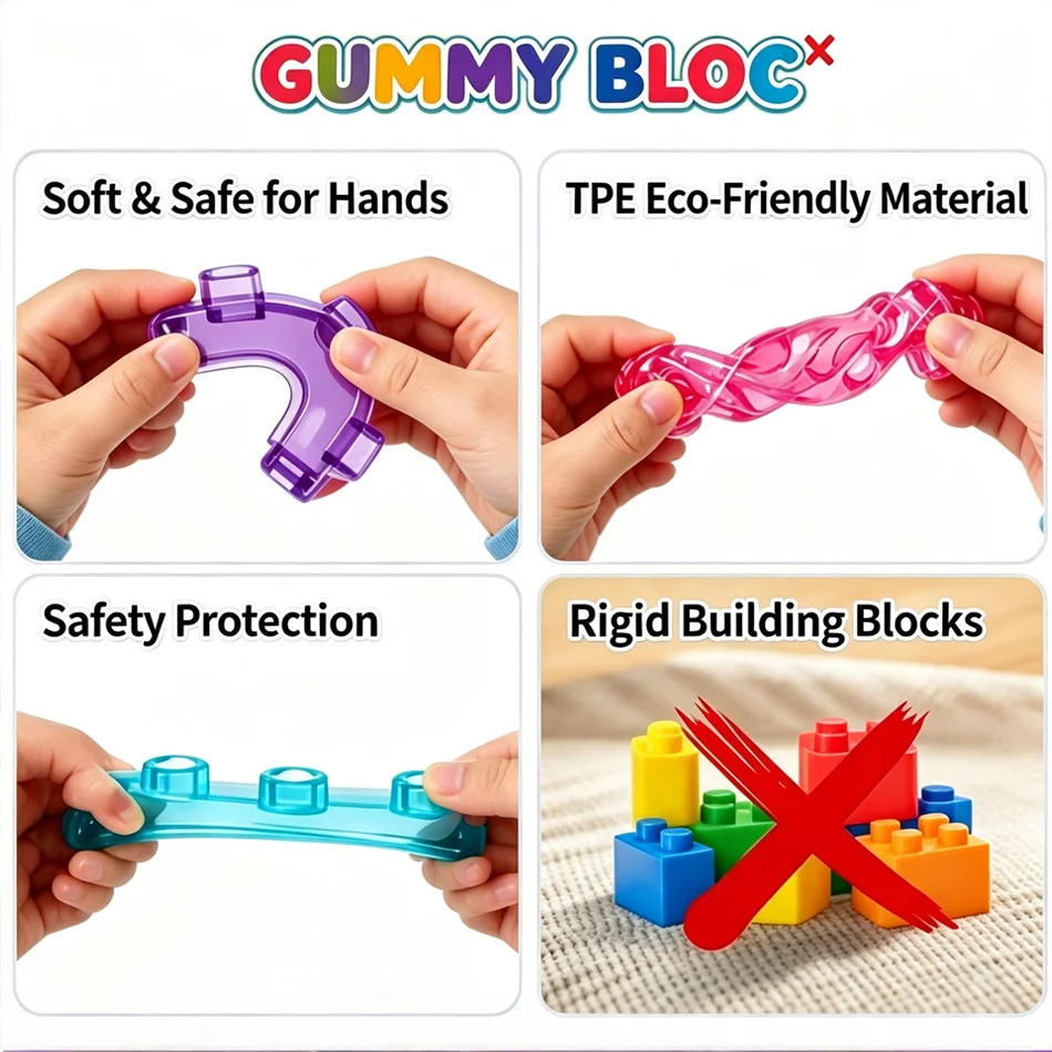 Transparent Soft TPE Jelly Building Blocks Squeezable Construction Bricks Stress Relief Toy Improve Hands‑on Ability for Adults