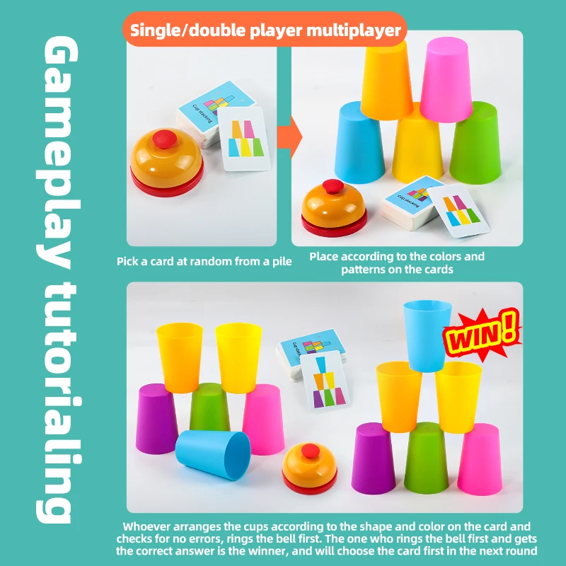 Hot Montessori Toys Stack Cup Game With Card Educational Intellectual Enlightenment Color Cognition Logic Training Children Gift