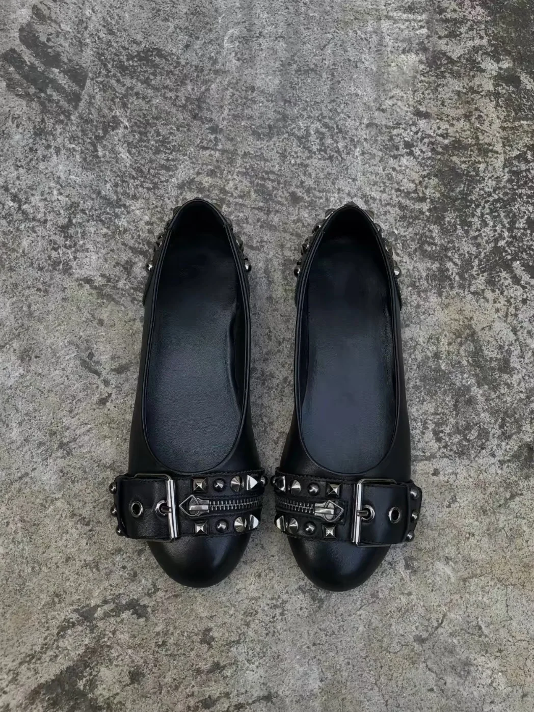 Black studded ballet leather flats shoes Women's 2026 new in metal buckled round toe causal dress punk cool sandals on offer