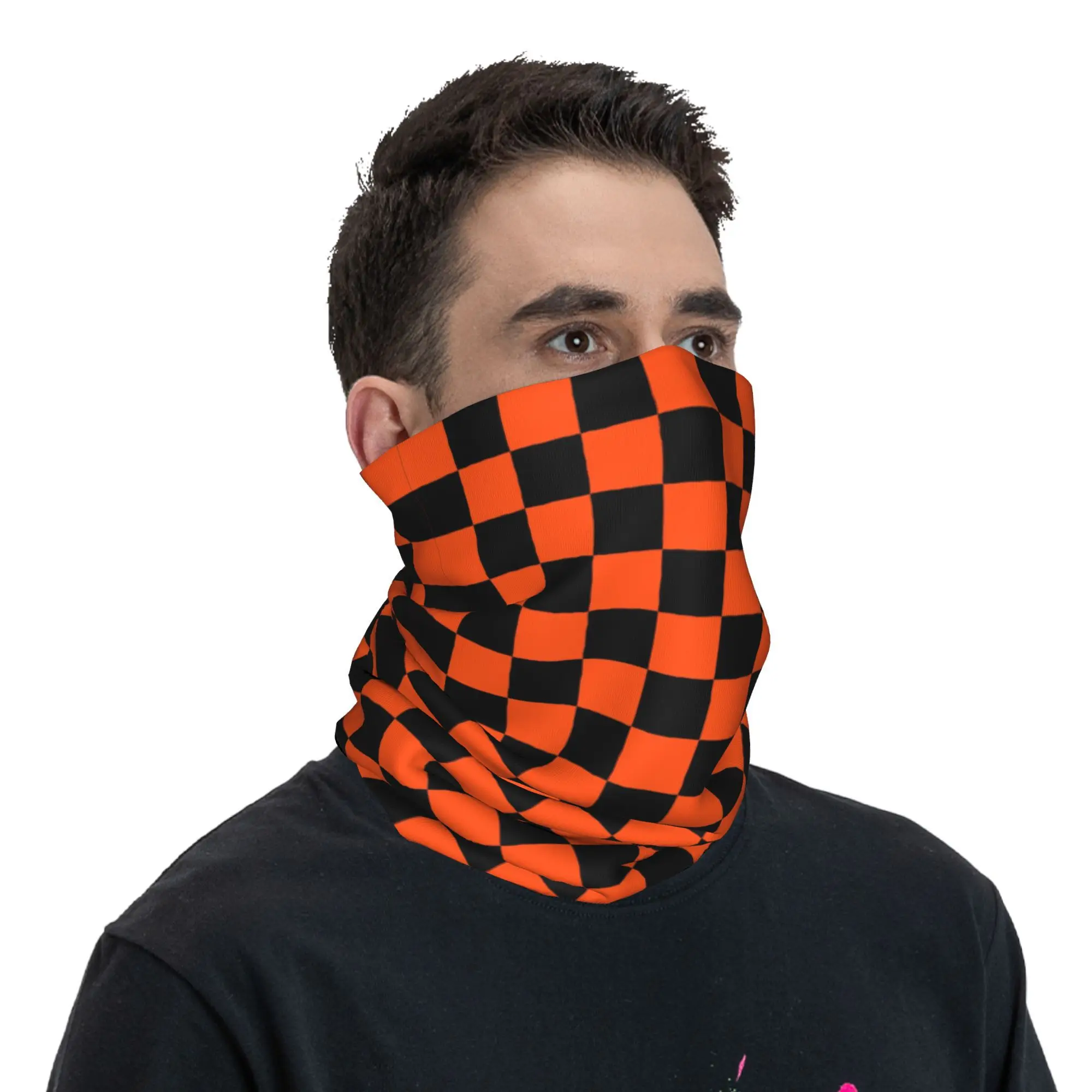 Custom Black and Orange Checkerboard Pattern Bandana Neck Gaiter for Hiking Cycling Women Men Wrap Scarf Plaid Balaclava Warmer