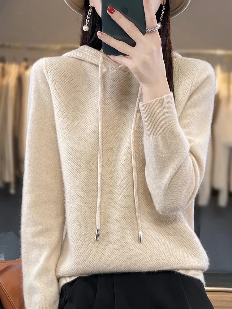 Winter Bloom Merino Wool Hooded Pullover Ladies Solid Basic Knit Sweater Soft Warm Long Sleeve Top for Winter Daily Outfit 2