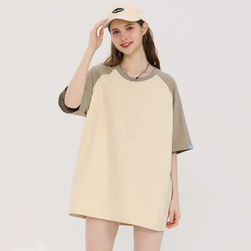 

New Women Summer Sweet and Cool Style T-shirt Fashion Patchwork O-Neck Raglan Sleeve Oversize T-shirt Casual Loose Cotton Tees