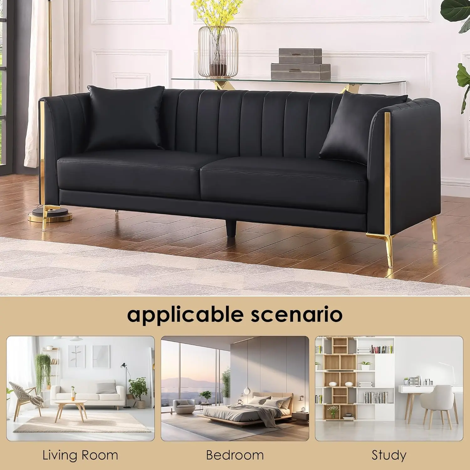 78'' Sofa Faux Leather 3 Seater Sofa with 2 Throw Pillows and Gold Metal Legs, Deep Seat Sofas for Living Room (Black) image 6