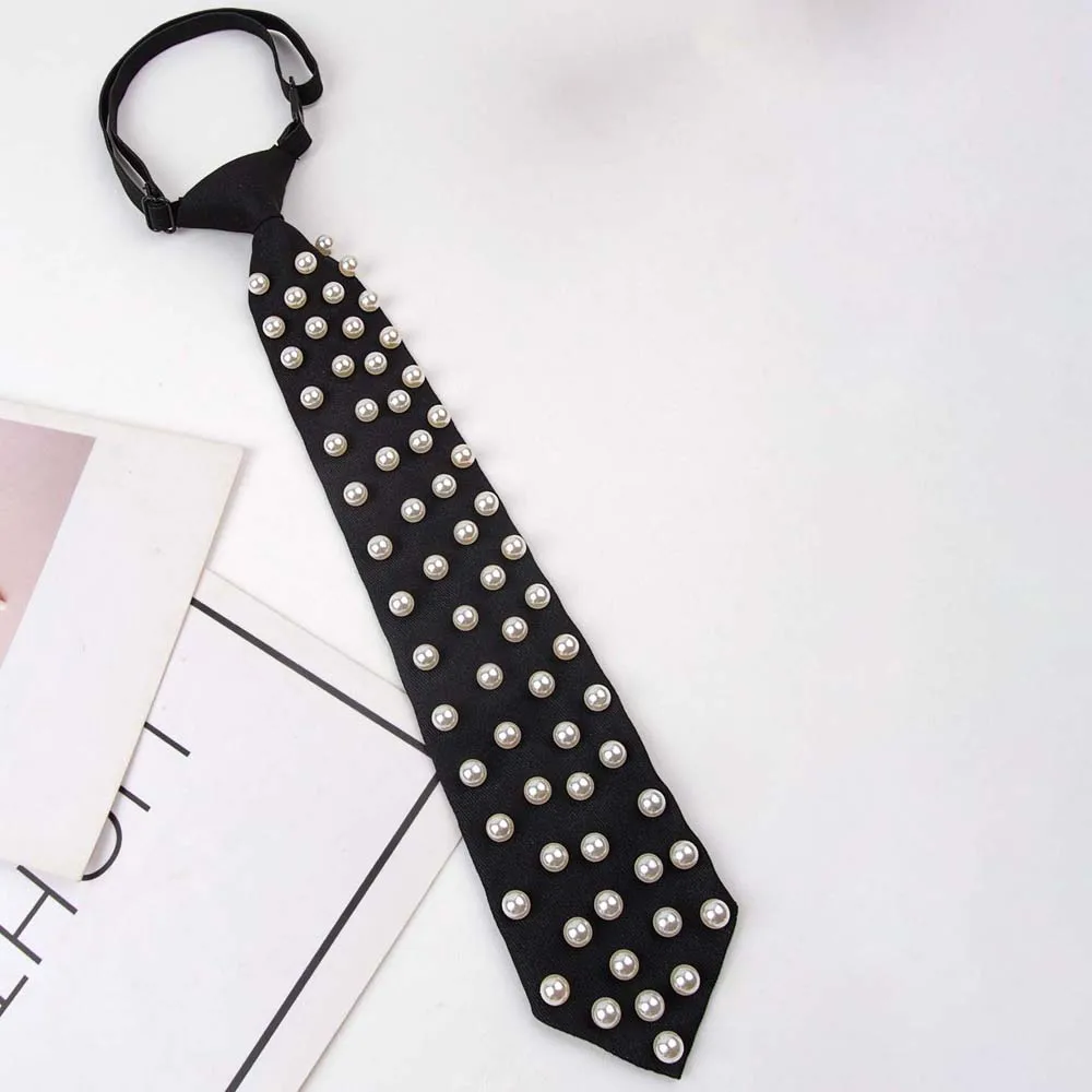 Elegant Korean Style Pearls Tie Black Tassels Hand-beaded Long Necktie Collares Necklace Decoration Shirt Tie