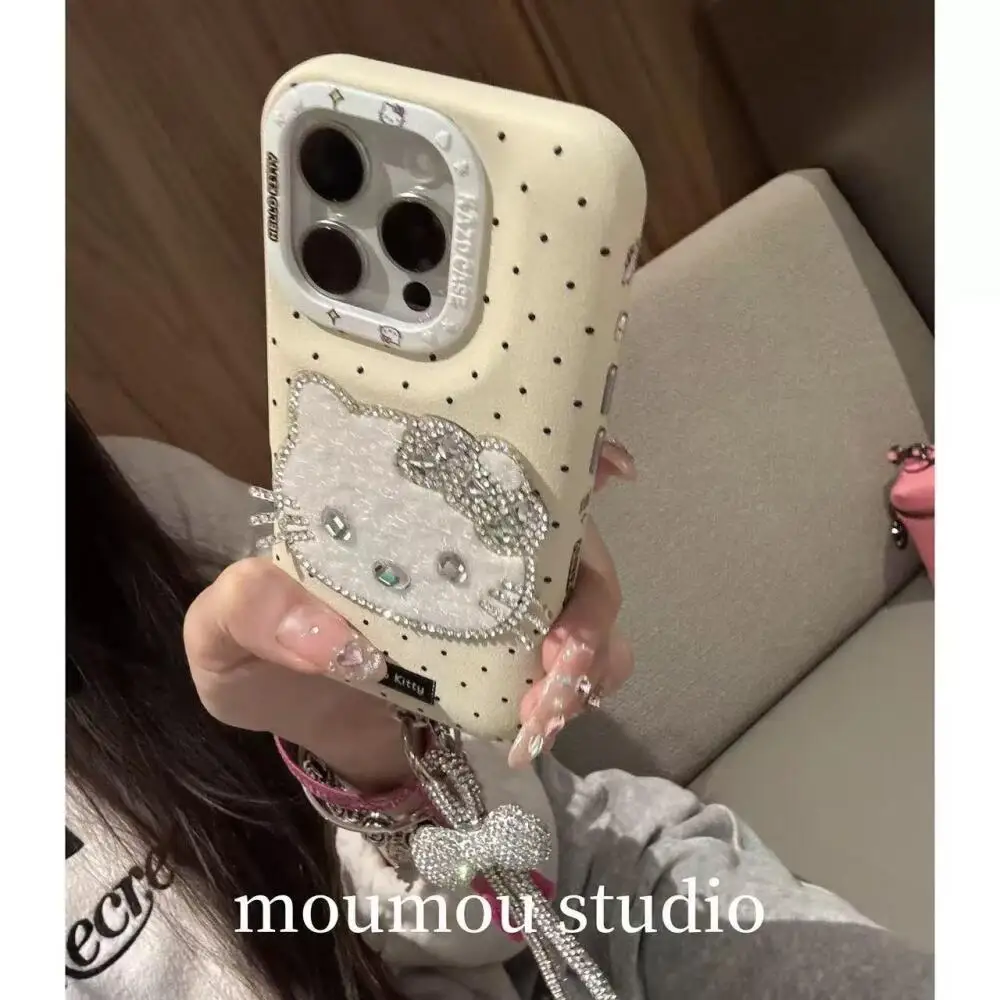 Kawaii مرحبا كيتي قضية الهاتف المحمول آيفون 12 13 14 15 16 برو ماكس لطيف Kt سانريو أبل جراب هاتف مع قلادة أفخم هدية