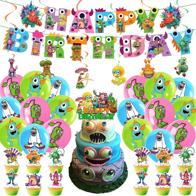 My Singing Monsters Birthday Party Decoration Latex Balloon Backdrop Banner Cake Topper Baby Shower