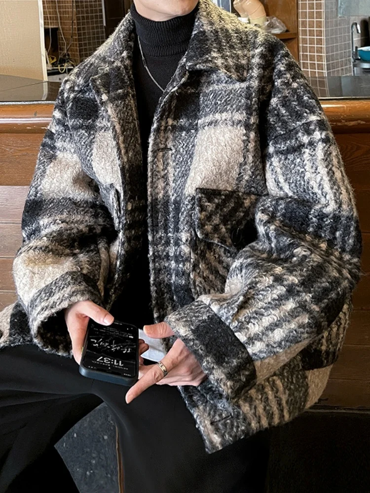 

Thiened Plaid Woolen Jaet Men's ort Sle Autumn Winter American Retro Tweed Outerwear Premium Feel Cool Turn-down Collar