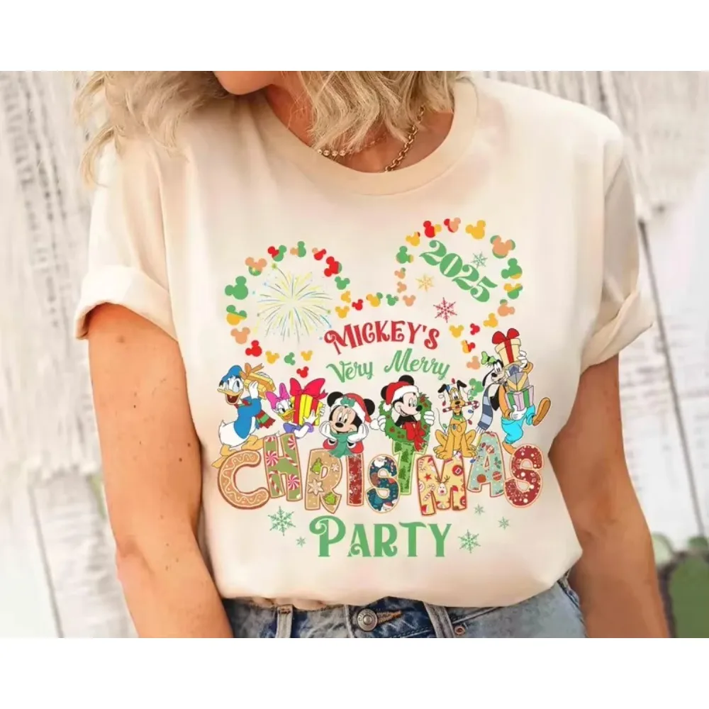 

2026 Couple Women's Men Mickey Minnie Merry Christmas T Shirt Tee Casual Oversized Streetwear Short Sleeve Women Cotton