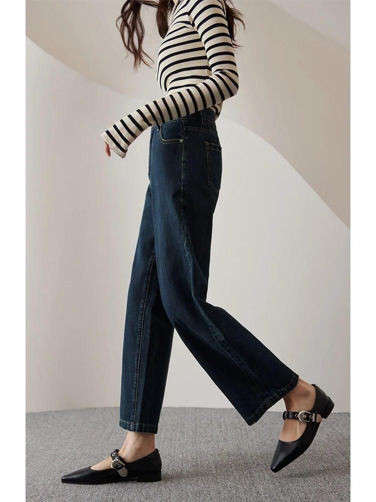 ZIQIAO Casual Style Retro Straight Wide-leg Jeans for Women 2023 New Autumn High Waist 100% Cotton Thin Nine-point Pants Female