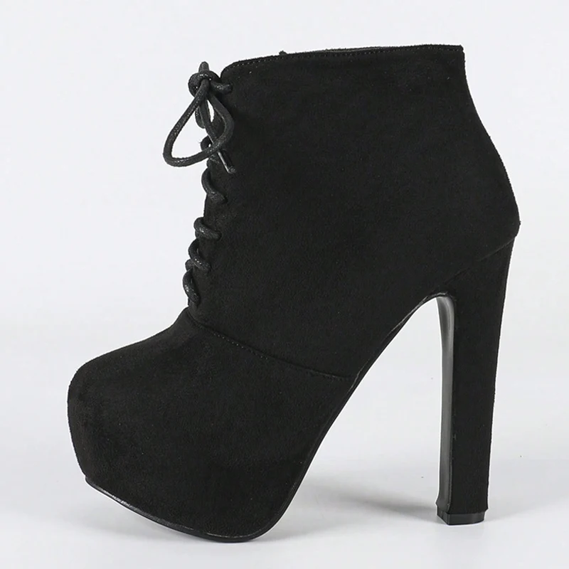 Liyke Autumn Winter Shoes Women Black Platform Ankle Boots High Heels Lace Up Flock Stiletto Sexy Lady Fashion Booties Size 41