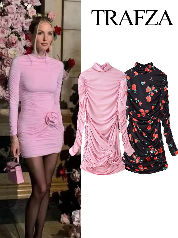 HH レディース 秋 セクシー エレガント ハーフハイネック 3Dフラワー装飾 シワ加工ワンピース 女性 クラブ パーティー 長袖 スリムワンピース