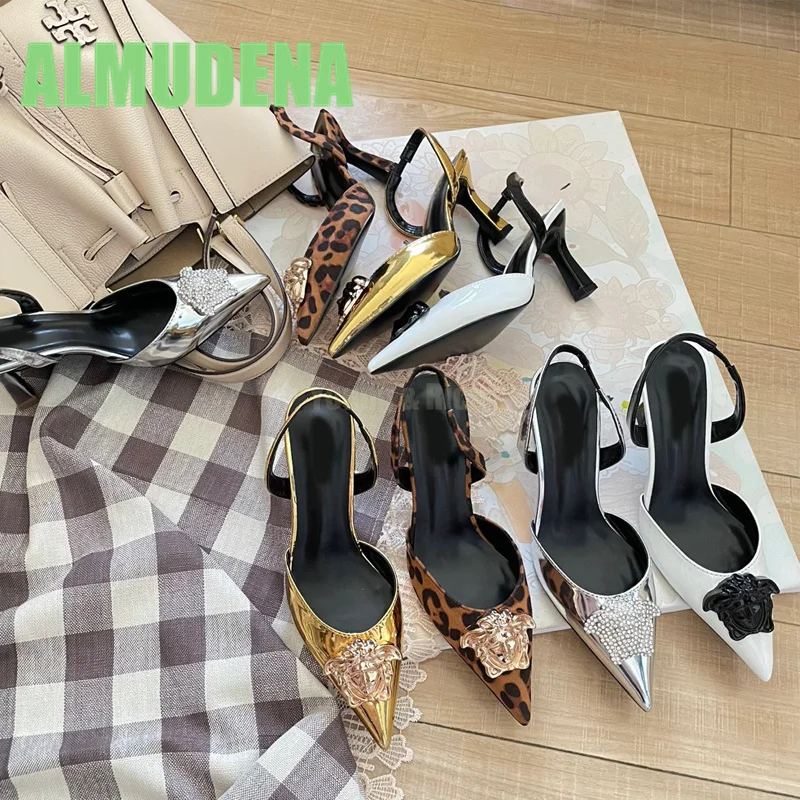 

High Heels Women's Patterned Rhinestone Sexy Pointed Toe Back Strap One Foot Kick Design Slim Heel Shallow Mouth Toe Cap Sandals