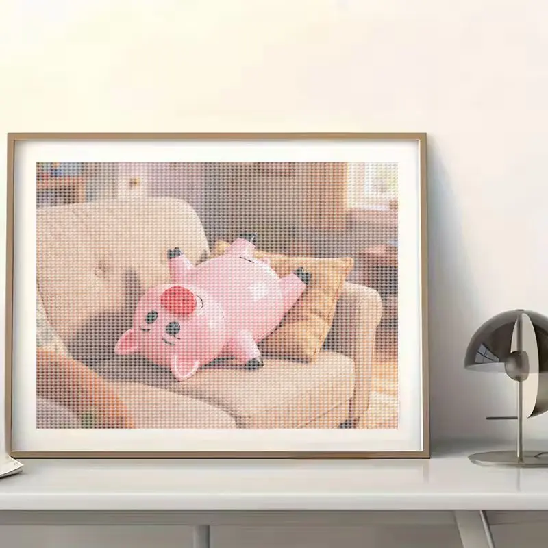 Kit Lukisan Berlian DIY 5D Full Drill, Seni Hewan Babi Merah Muda yang Santai di Sofa, Kerajinan Bordir Permata Kristal Besar 40x50CM, C