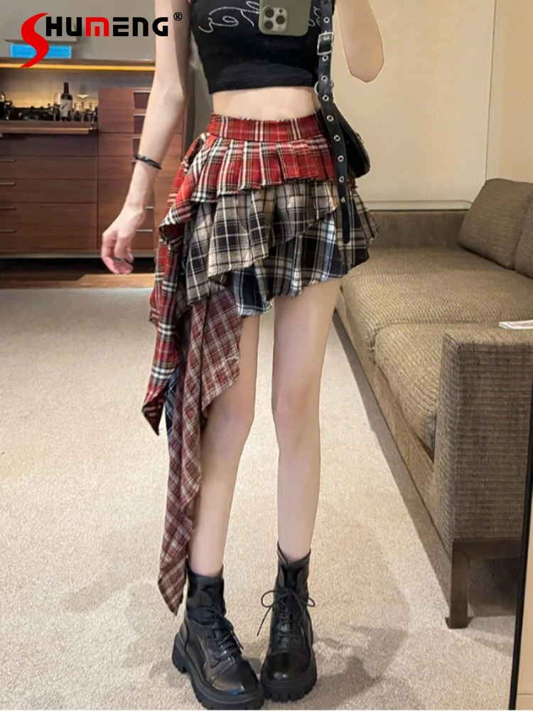 

American Street Punk Rock Retro Plaid Pleated Short Skirt Women's Summer 2024 High Waist Irregular Patchwork Hot Girl Y2K Skirt