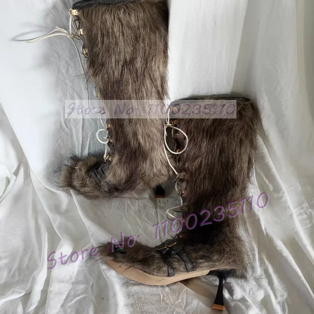 Sexy Open Front Lace Up Fur Boots For Women Fashion Novelty High Heels Cool Girls Dress Shoes Ladies Stylish Belt Buckles Boots