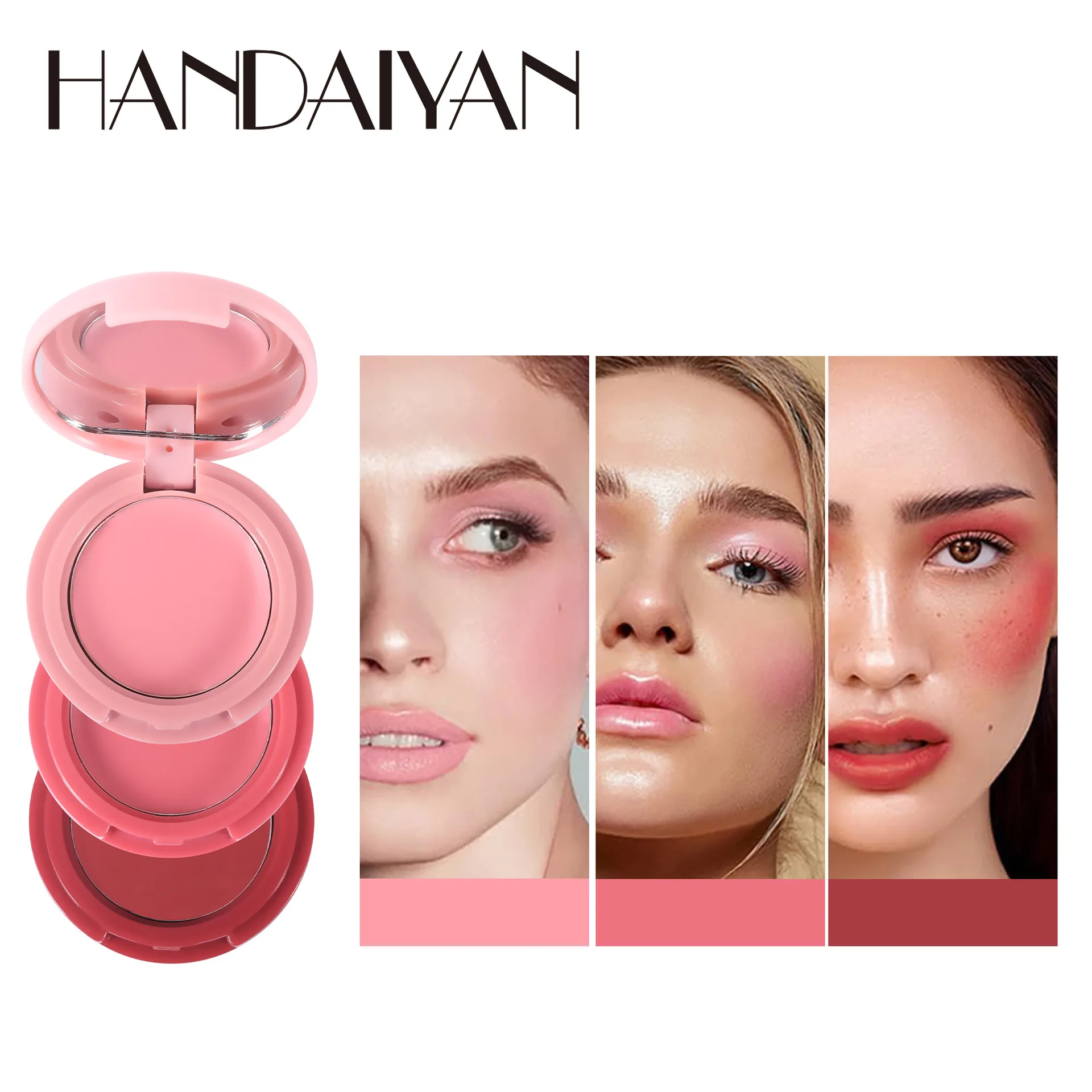 

HANDAIYAN Three-color natural matte velvet mousse texture blush tray folding 3-in-1 eye shadow in One multi-color lip mud