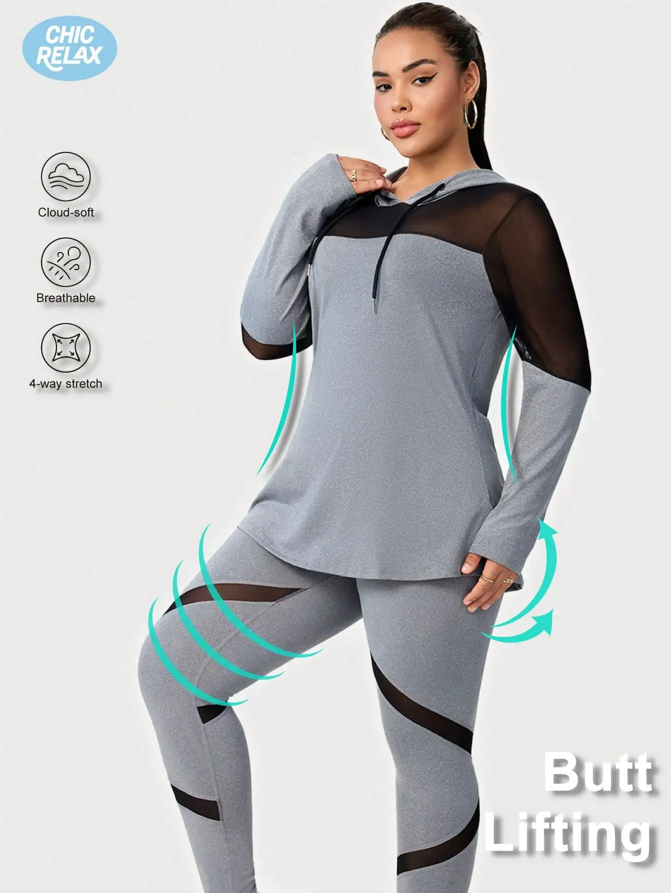 

Комплект из худи и леггинсов больших размеров с сетчатыми вставками – Активная одежда с эффектом подтяжки ягодиц, очень мягкая, эластичная в 4 направлениях