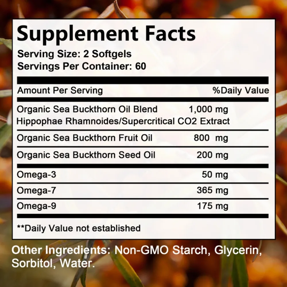 Omega-7 Sea Buckthorn Oil Softgels - Supports Skin, Hair, Nails, Heart and Digestive Health, 120 Softgels