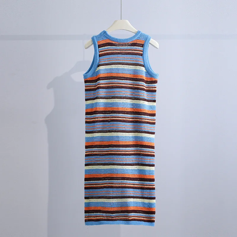 Rainbow Stripe Knitted Dress Women's Summer 2023 Split Dress Beach Colorful Sleeveless Round Neck Fashion Casual Long Dress