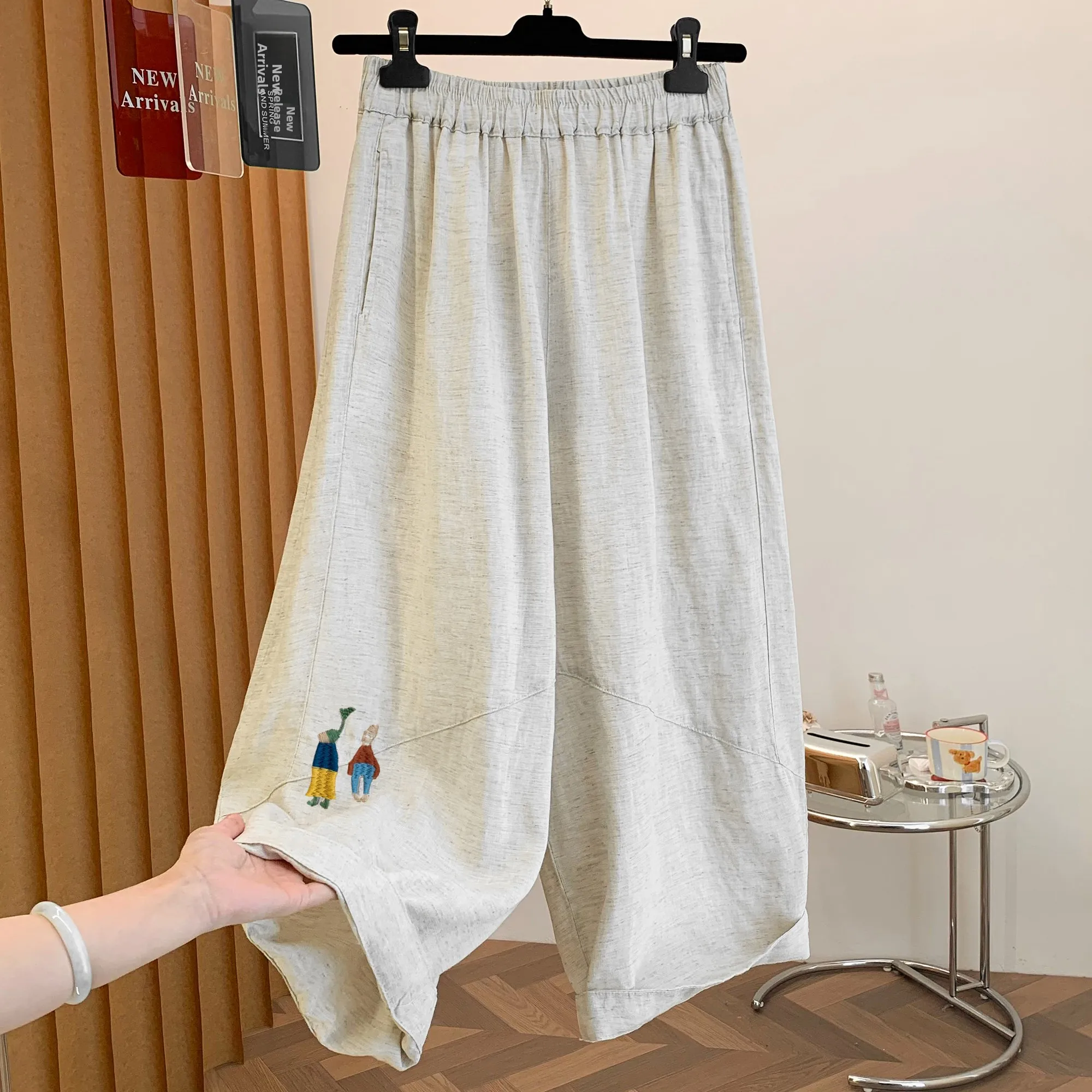 Creative Cartoon Embroidery Linen Wide Leg Pants Nine Points Casual Loose plus Size Breathable Summer Fashion Ladies Trousers