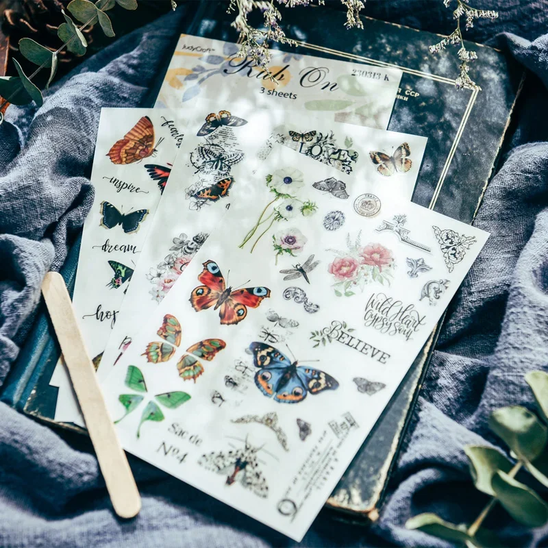 3 Sheet Vintage Butterfly RUB ON Transfer Stickers Junk Journal Craft Collage Decorative Sticker DIY Album Scrapbooking Material