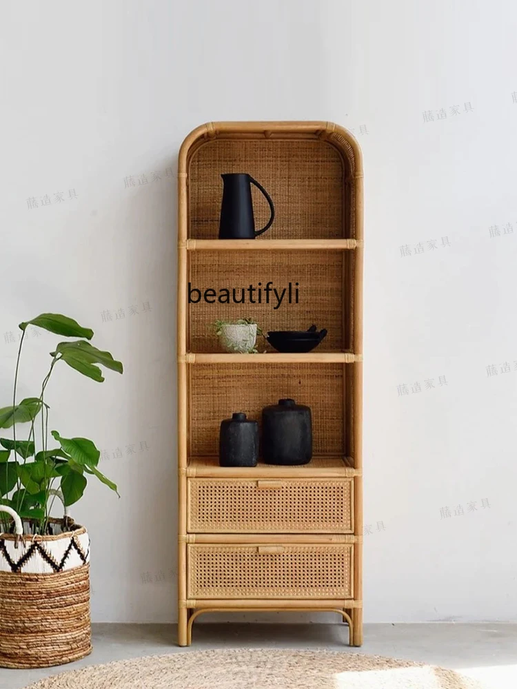 

Japanese-Style Rattan Bookshelf Rattan Small Apartment Decoration Shelf Storage Rack Simple High Living Room Storage Locker