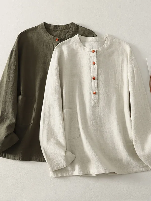 

Женская свободная рубашка с длинным рукавом, воротником-стойкой и пуговицами, больших размеров, в китайском национальном стиле, для повседневной носки.