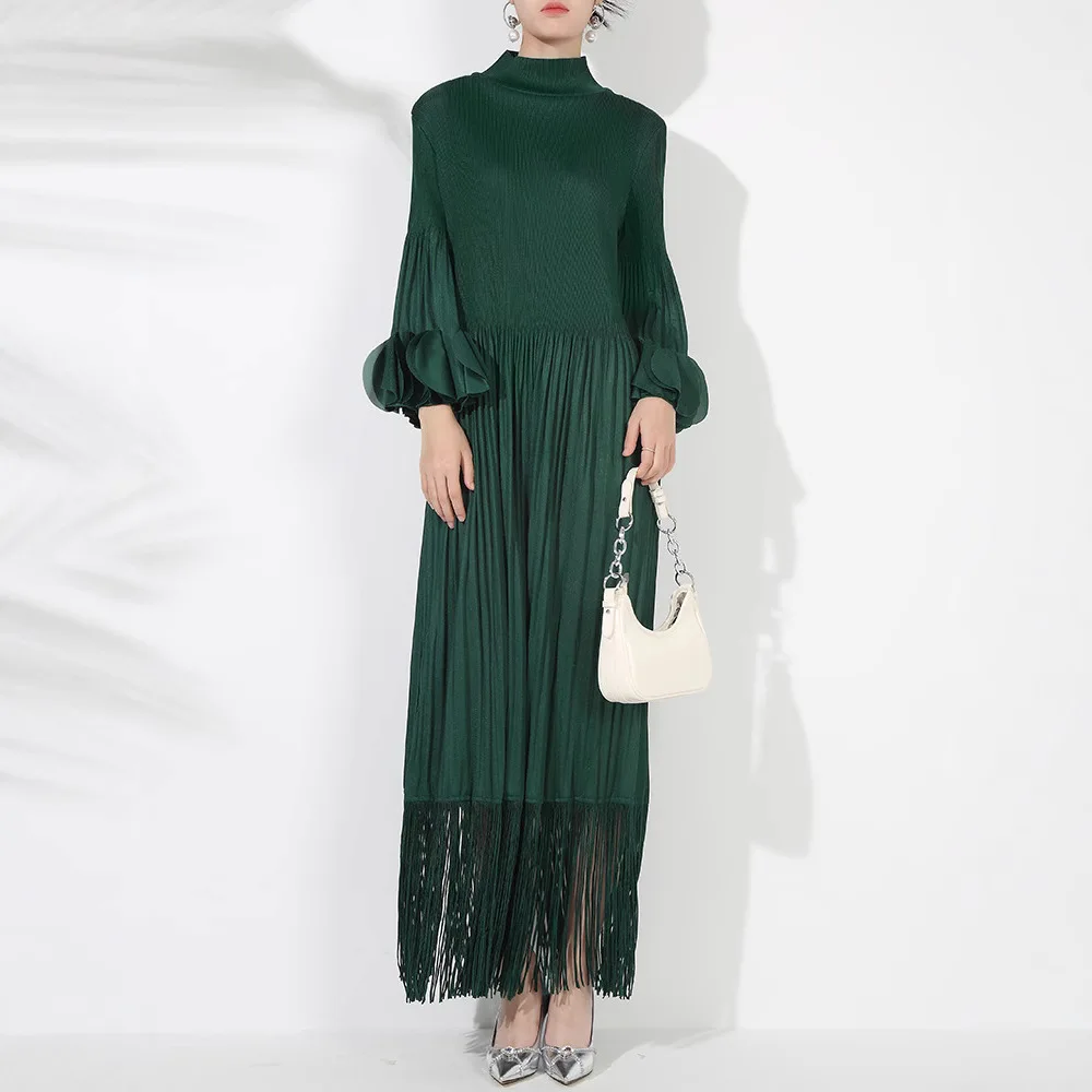 Miyake Pleated Elegant Dress Women's 2024 New Design Solid Color Half-high Collar and Leaf Sleeves Fashionable Tassel Long Skirt