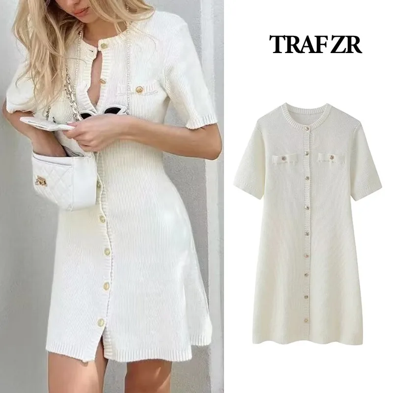 

TRAF ZR Knitted Curvy Dress for Women Short Sleeves Button Down False Front Flap Pockets O-NECK White Mini Dresses Streetwear