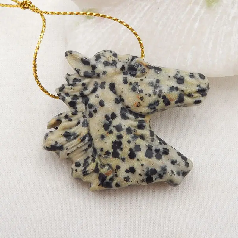 Natural Stone Dalmatian Jasper Carved Horse Head Pendant Bead,42x37x9mm,23g Semiprecious Fashion Jewelry Necklace Accessories