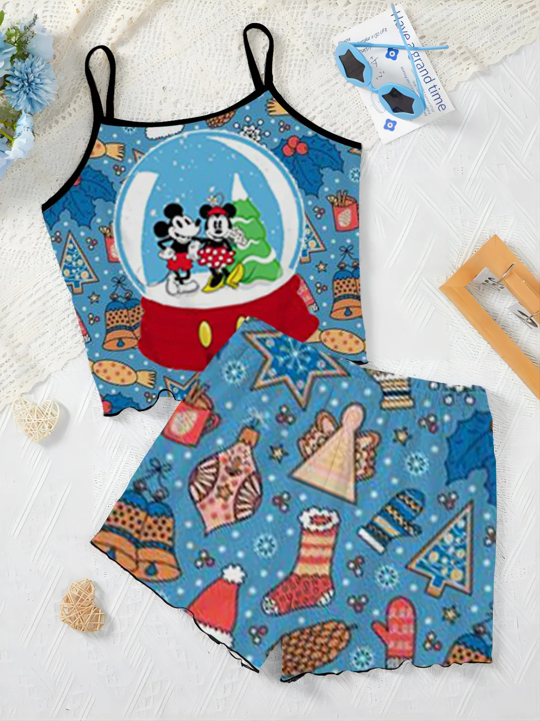 Top Slip Dress Christmas Lettuce Trim Short Sets for Women 2 Pieces Minnie Mouse Disney T-shirt Mickey Women's Suit Elegant Home